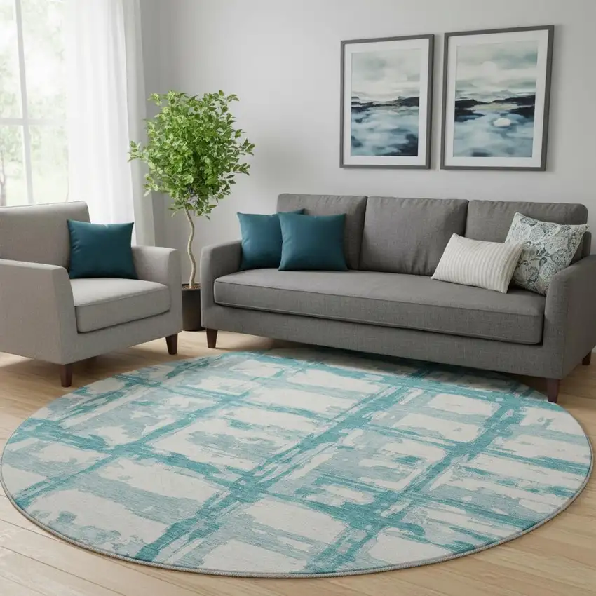 8' Teal And Ivory Striped Washable Round Rug With UV Protection Photo 1
