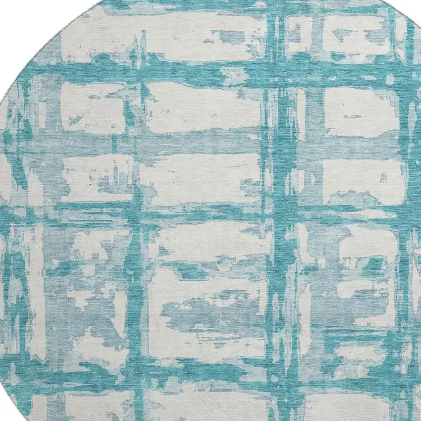 8' Teal And Ivory Striped Washable Round Rug With UV Protection Photo 3
