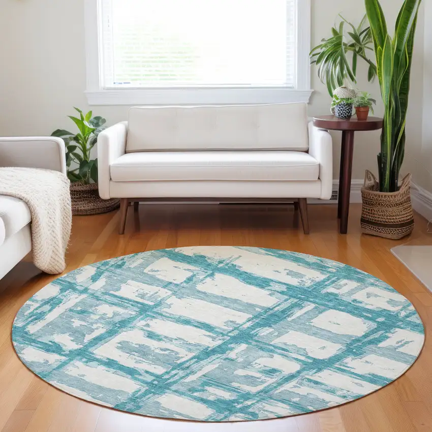 8' Teal And Ivory Striped Washable Round Rug With UV Protection Photo 5