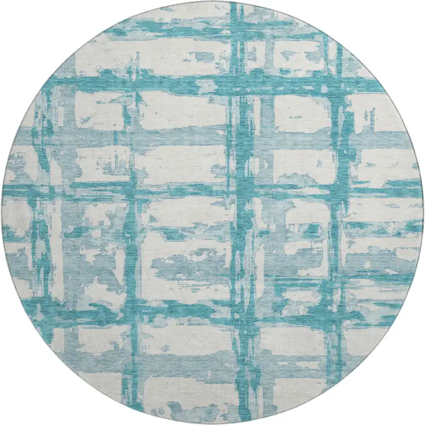 8' Teal And Ivory Striped Washable Round Rug With UV Protection Photo 1