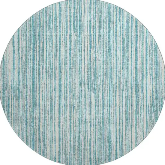 8' Teal And Ivory Striped Washable Round Rug With UV Protection Photo 4