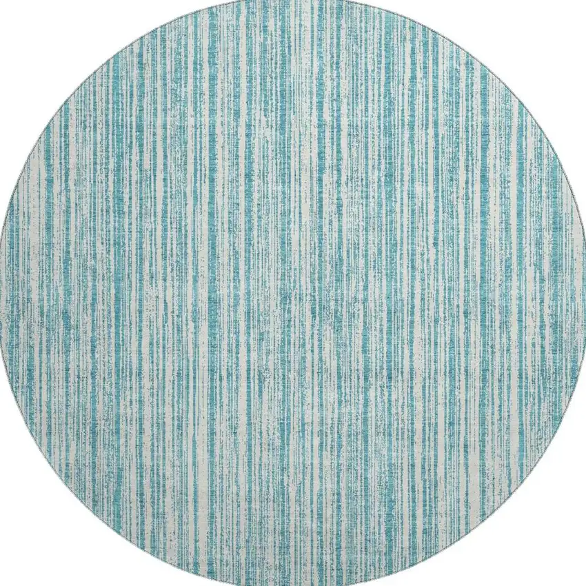8' Teal And Ivory Striped Washable Round Rug With UV Protection Photo 4