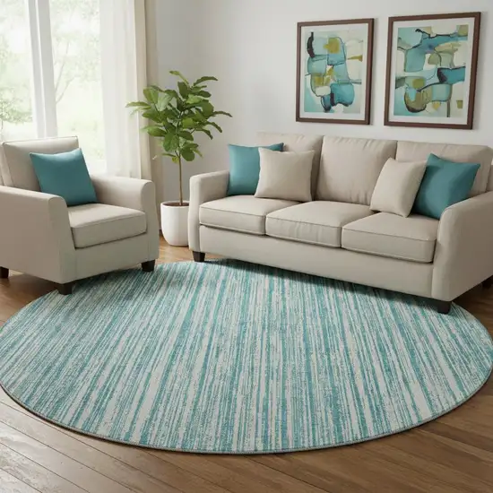 8' Teal And Ivory Striped Washable Round Rug With UV Protection Photo 1