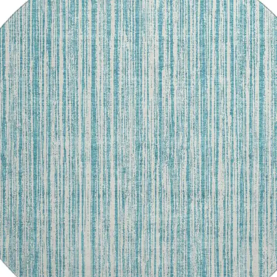 8' Teal And Ivory Striped Washable Round Rug With UV Protection Photo 3
