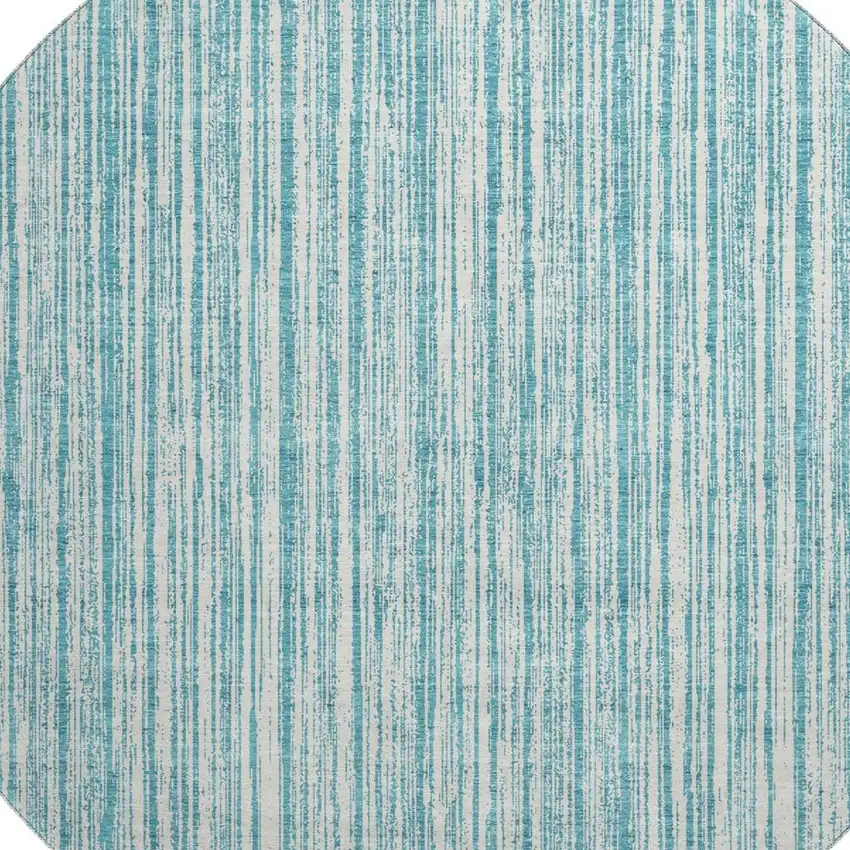 8' Teal And Ivory Striped Washable Round Rug With UV Protection Photo 3