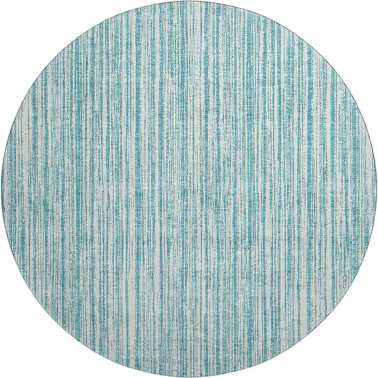 8' Teal And Ivory Striped Washable Round Rug With UV Protection Photo 1