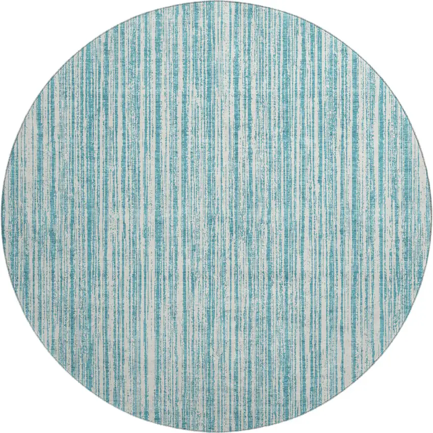 8' Teal And Ivory Striped Washable Round Rug With UV Protection Photo 1