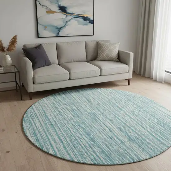 8' Teal And Ivory Striped Washable Round Rug With UV Protection Photo 2