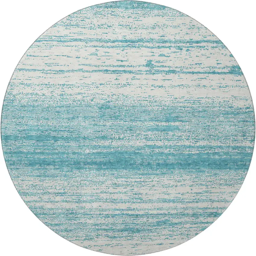 8' Teal And Ivory Striped Washable Round Rug With UV Protection Photo 4