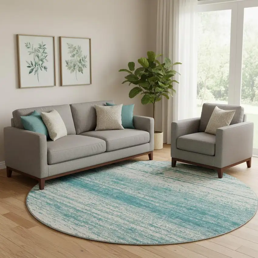 8' Teal And Ivory Striped Washable Round Rug With UV Protection Photo 1