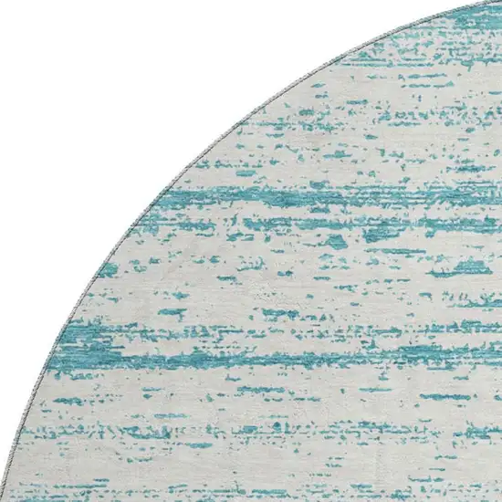 8' Teal And Ivory Striped Washable Round Rug With UV Protection Photo 3