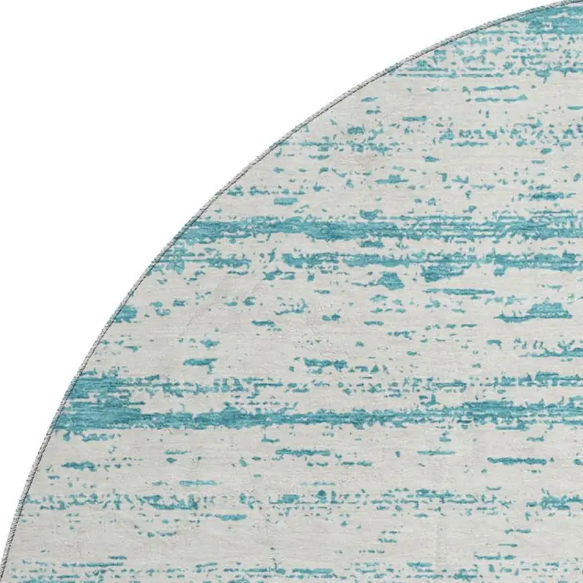 8' Teal And Ivory Striped Washable Round Rug With UV Protection Photo 3