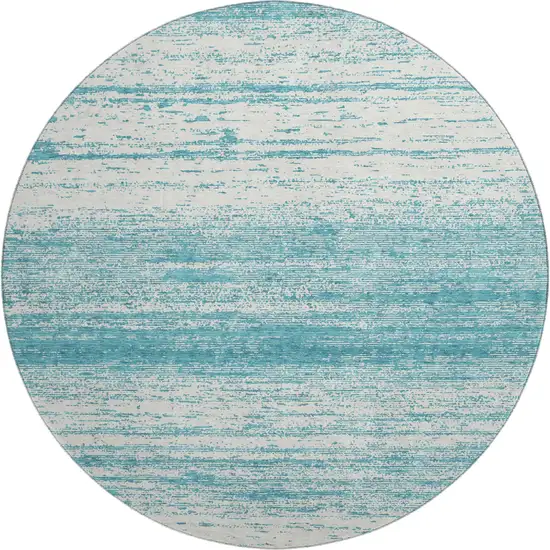 8' Teal And Ivory Striped Washable Round Rug With UV Protection Photo 1