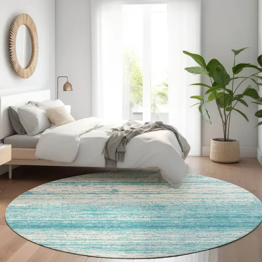 8' Teal And Ivory Striped Washable Round Rug With UV Protection Photo 5