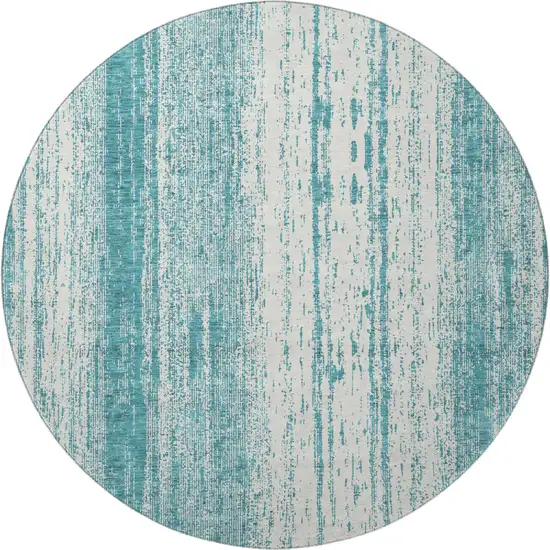 8' Teal And Ivory Striped Washable Round Rug With UV Protection Photo 3