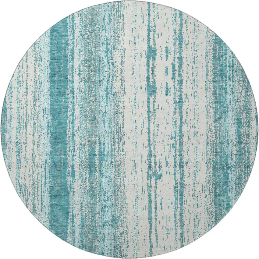 8' Teal And Ivory Striped Washable Round Rug With UV Protection Photo 3