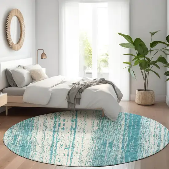 8' Teal And Ivory Striped Washable Round Rug With UV Protection Photo 4