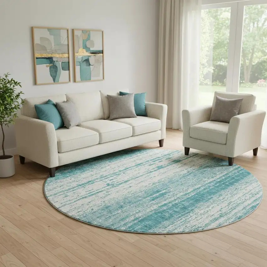 8' Teal And Ivory Striped Washable Round Rug With UV Protection Photo 1