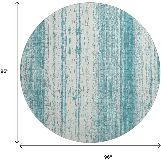 8' Teal And Ivory Striped Washable Round Rug With UV Protection Photo 9