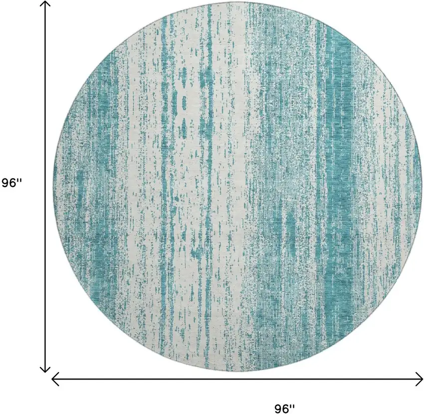 8' Teal And Ivory Striped Washable Round Rug With UV Protection Photo 9