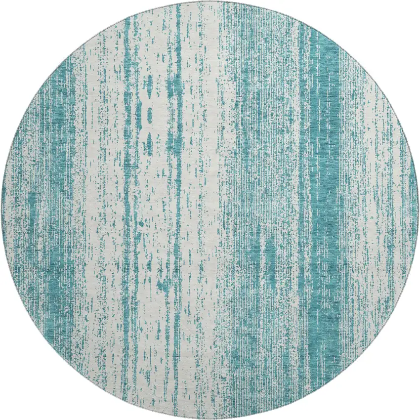 8' Teal And Ivory Striped Washable Round Rug With UV Protection Photo 1