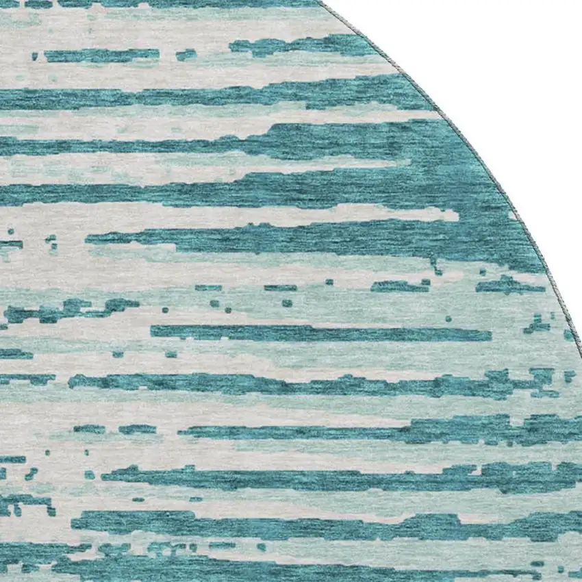 8' Teal And Ivory Striped Washable Round Rug With UV Protection Photo 3