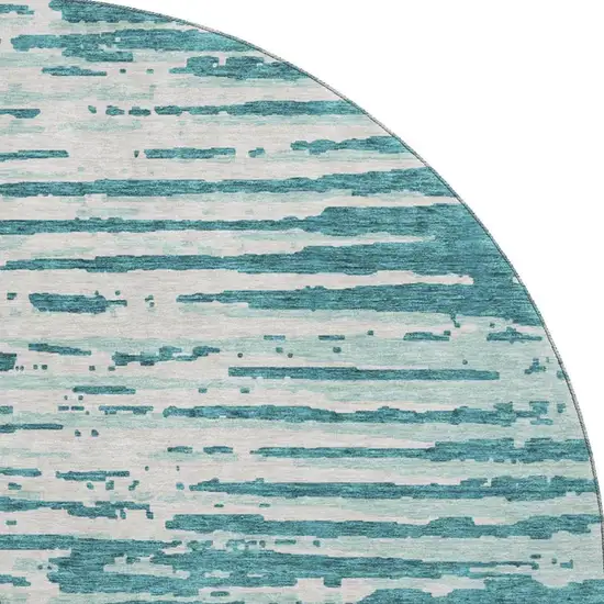 8' Teal And Ivory Striped Washable Round Rug With UV Protection Photo 4