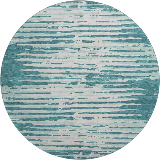 8' Teal And Ivory Striped Washable Round Rug With UV Protection Photo 1