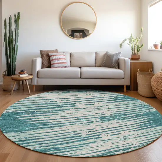 8' Teal And Ivory Striped Washable Round Rug With UV Protection Photo 5