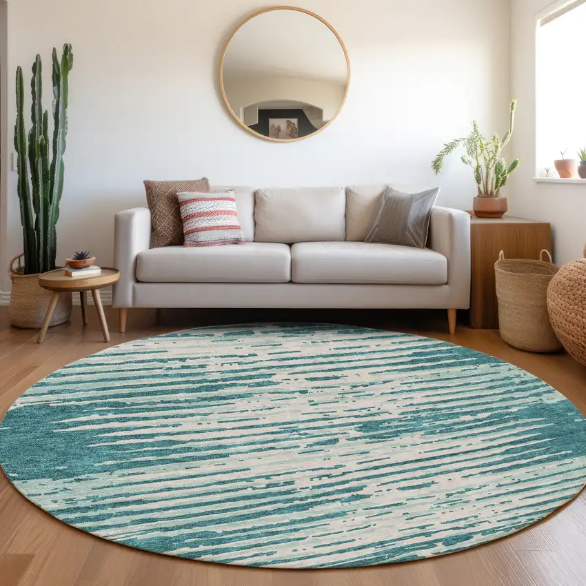8' Teal And Ivory Striped Washable Round Rug With UV Protection Photo 5