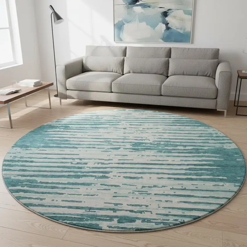 8' Teal And Ivory Striped Washable Round Rug With UV Protection Photo 2