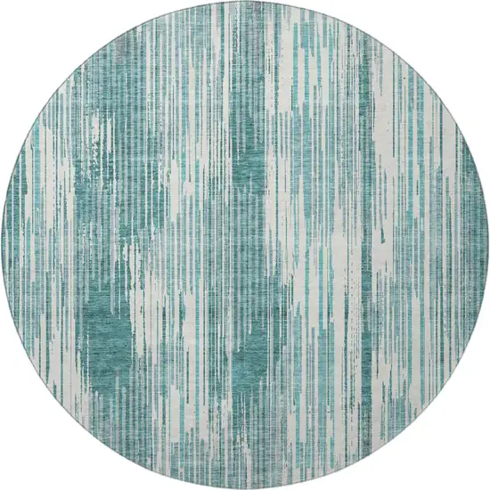 8' Teal And Ivory Striped Washable Round Rug With UV Protection Photo 4