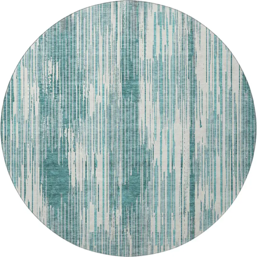 8' Teal And Ivory Striped Washable Round Rug With UV Protection Photo 4