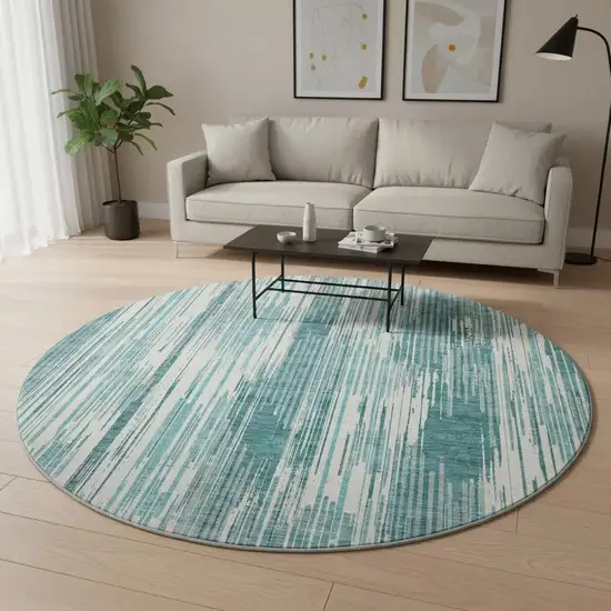 8' Teal And Ivory Striped Washable Round Rug With UV Protection Photo 2