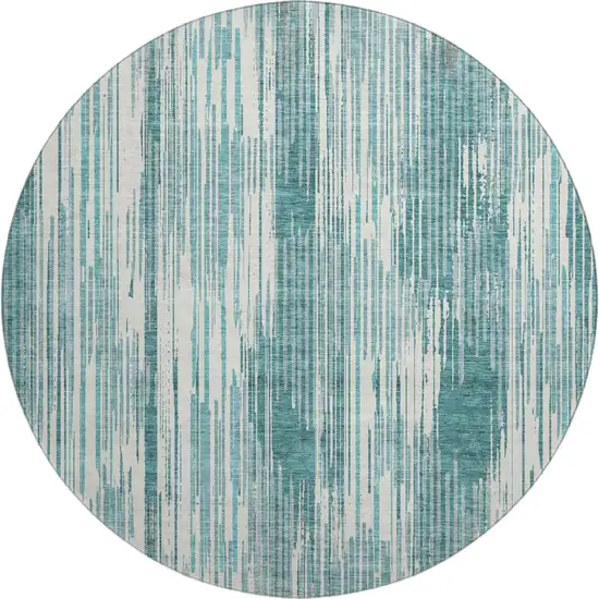 8' Teal And Ivory Striped Washable Round Rug With UV Protection Photo 1
