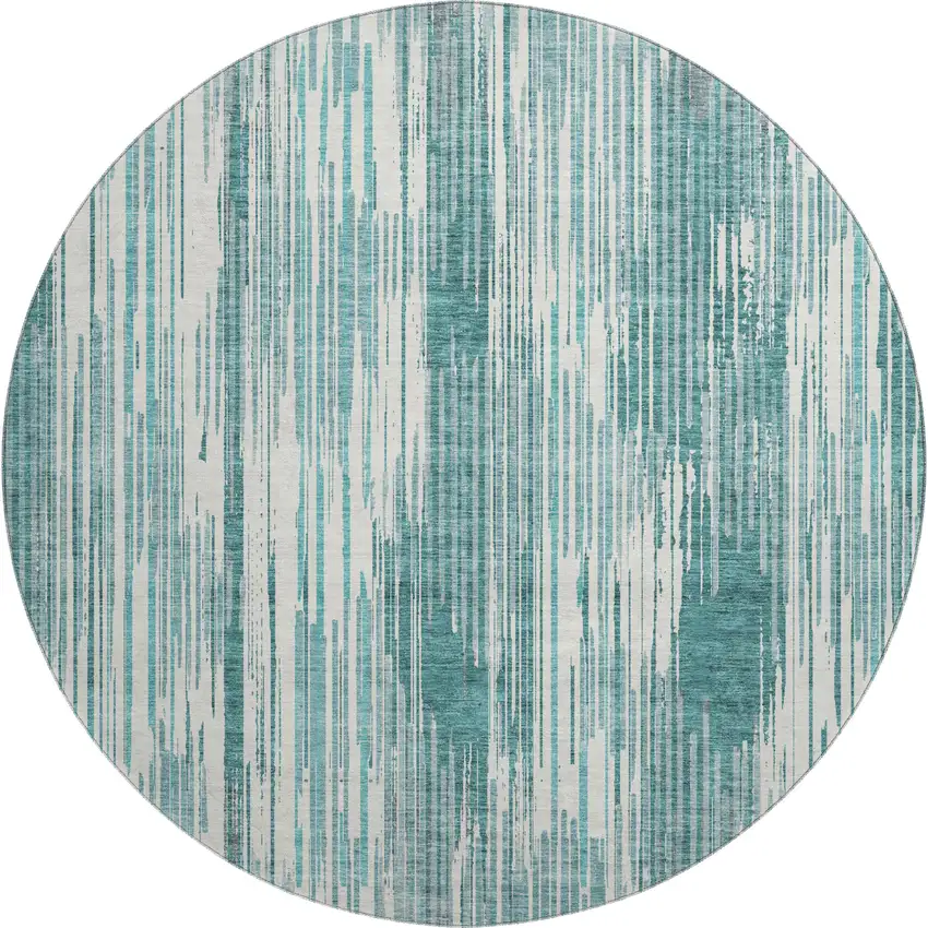 8' Teal And Ivory Striped Washable Round Rug With UV Protection Photo 1