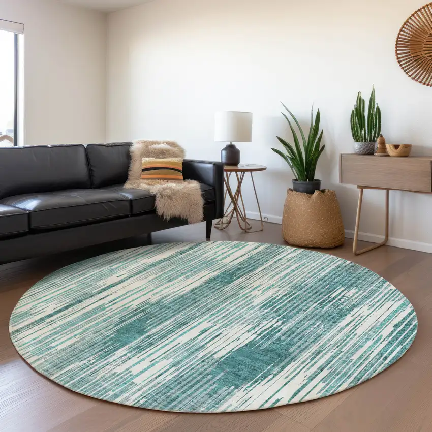 8' Teal And Ivory Striped Washable Round Rug With UV Protection Photo 5