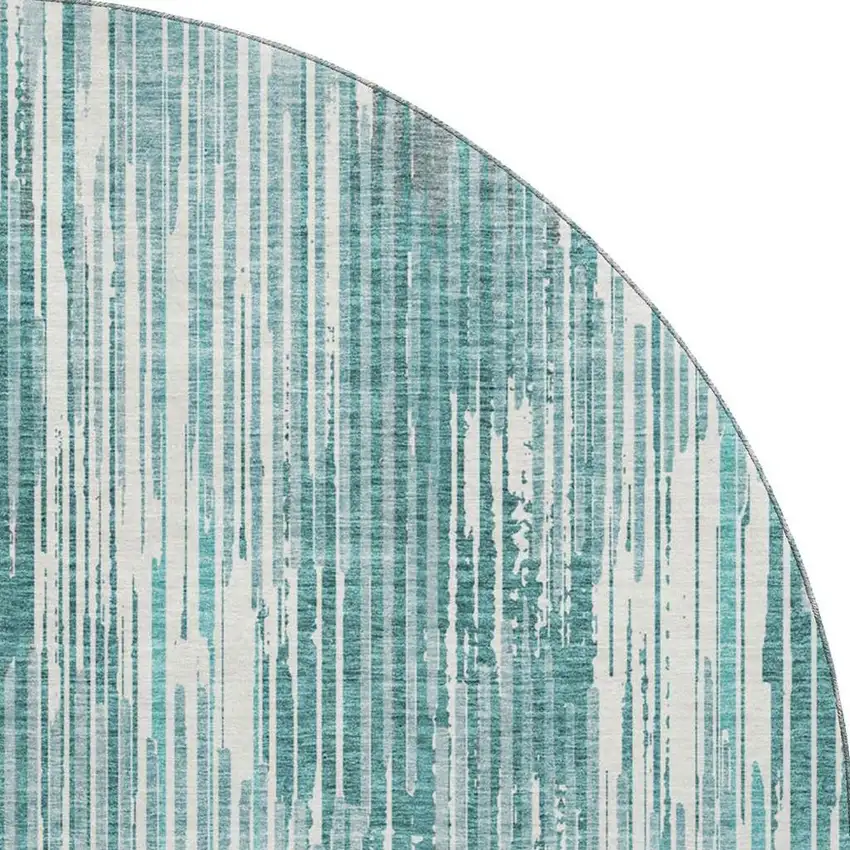 8' Teal And Ivory Striped Washable Round Rug With UV Protection Photo 3