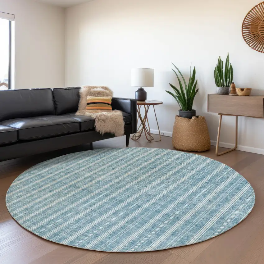 8' Teal And Ivory Striped Washable Round Rug With UV Protection Photo 4