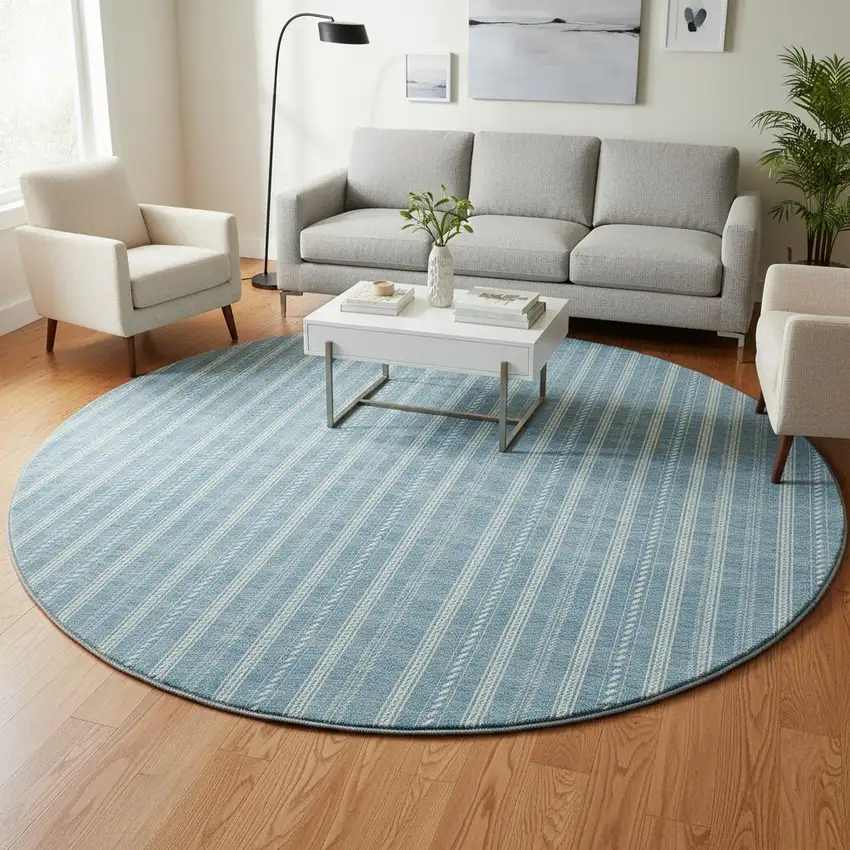 8' Teal And Ivory Striped Washable Round Rug With UV Protection Photo 2