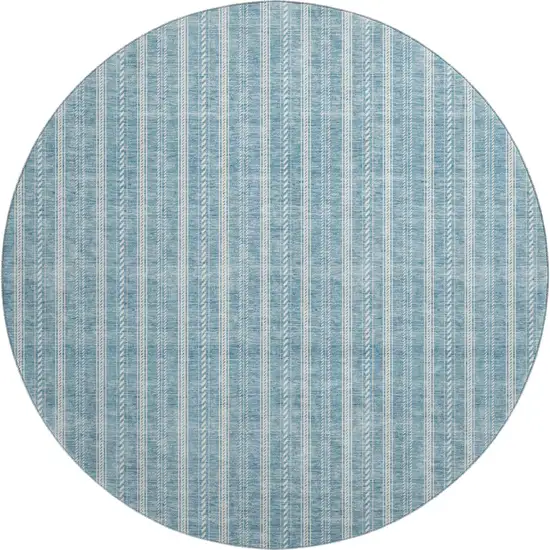 8' Teal And Ivory Striped Washable Round Rug With UV Protection Photo 1