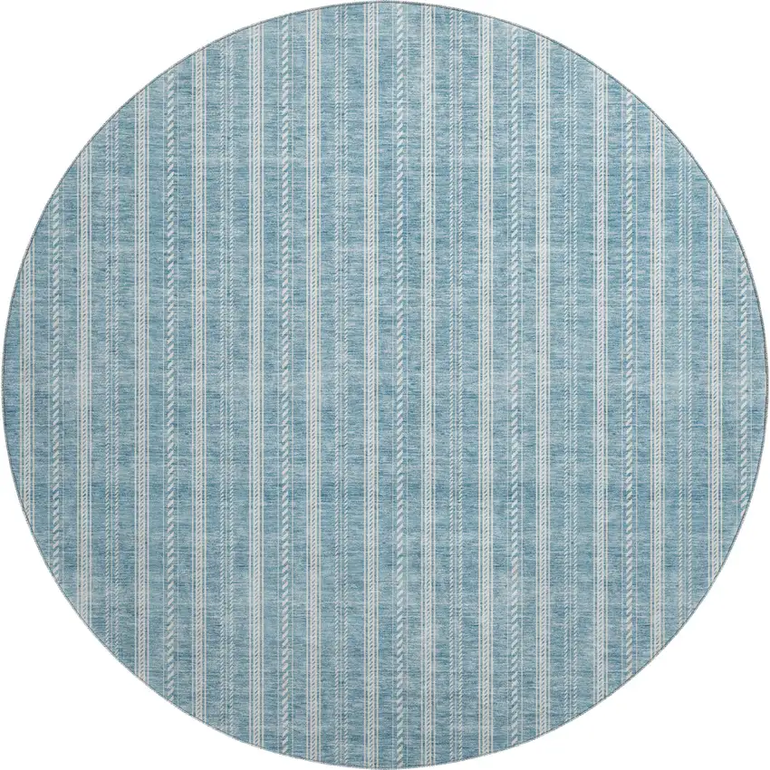 8' Teal And Ivory Striped Washable Round Rug With UV Protection Photo 1