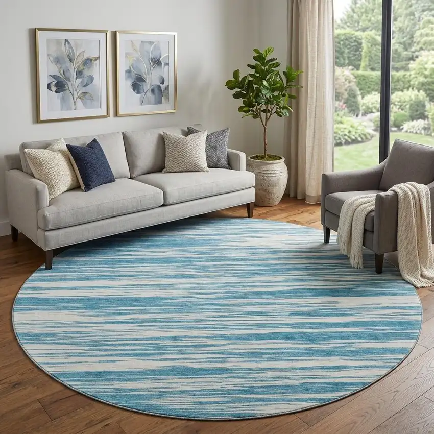8' Teal And Ivory Striped Washable Round Rug With UV Protection Photo 1
