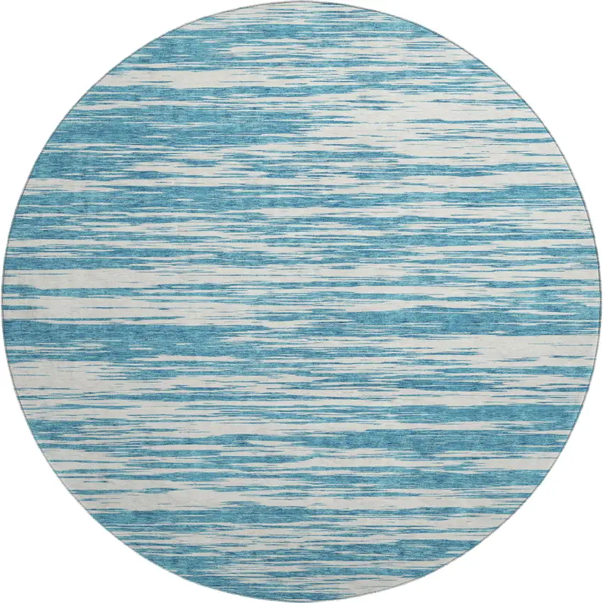 8' Teal And Ivory Striped Washable Round Rug With UV Protection Photo 1