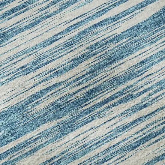 8' Teal And Ivory Striped Washable Round Rug With UV Protection Photo 8