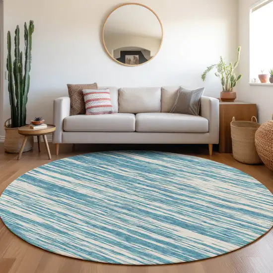 8' Teal And Ivory Striped Washable Round Rug With UV Protection Photo 4