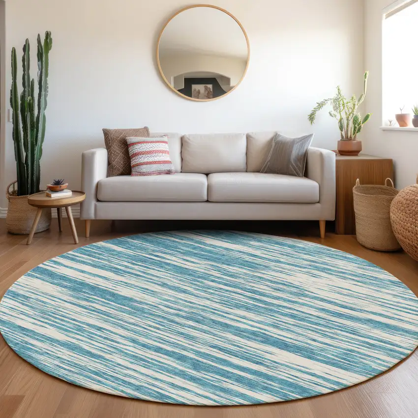 8' Teal And Ivory Striped Washable Round Rug With UV Protection Photo 4