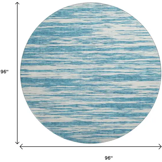 8' Teal And Ivory Striped Washable Round Rug With UV Protection Photo 9
