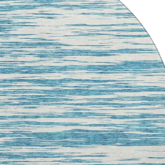 8' Teal And Ivory Striped Washable Round Rug With UV Protection Photo 2