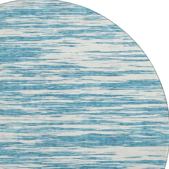 8' Teal And Ivory Striped Washable Round Rug With UV Protection Photo 3